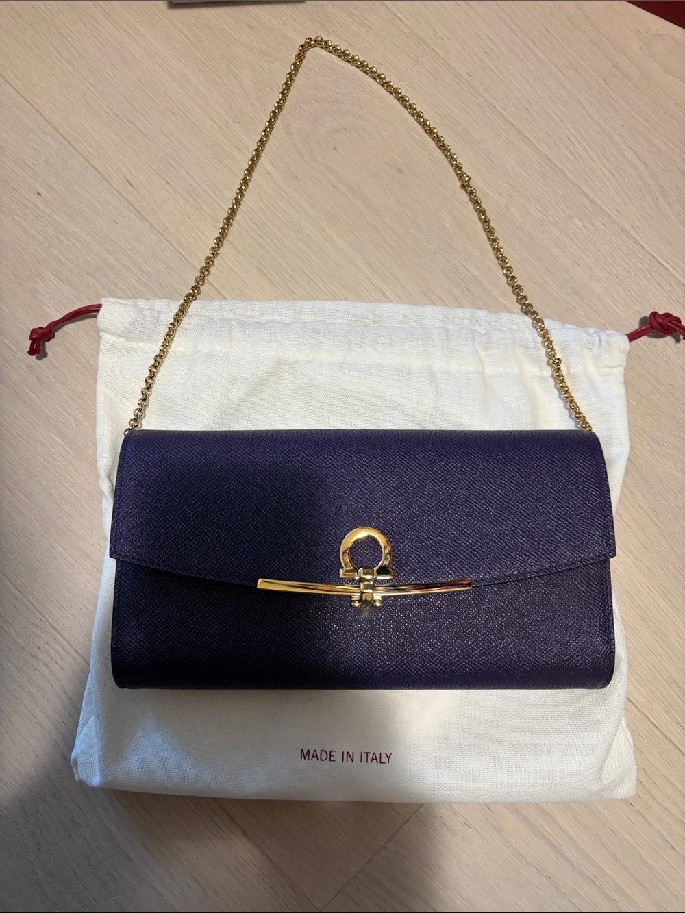Designer Purple Leather Shoulder Bag with Gold Chain